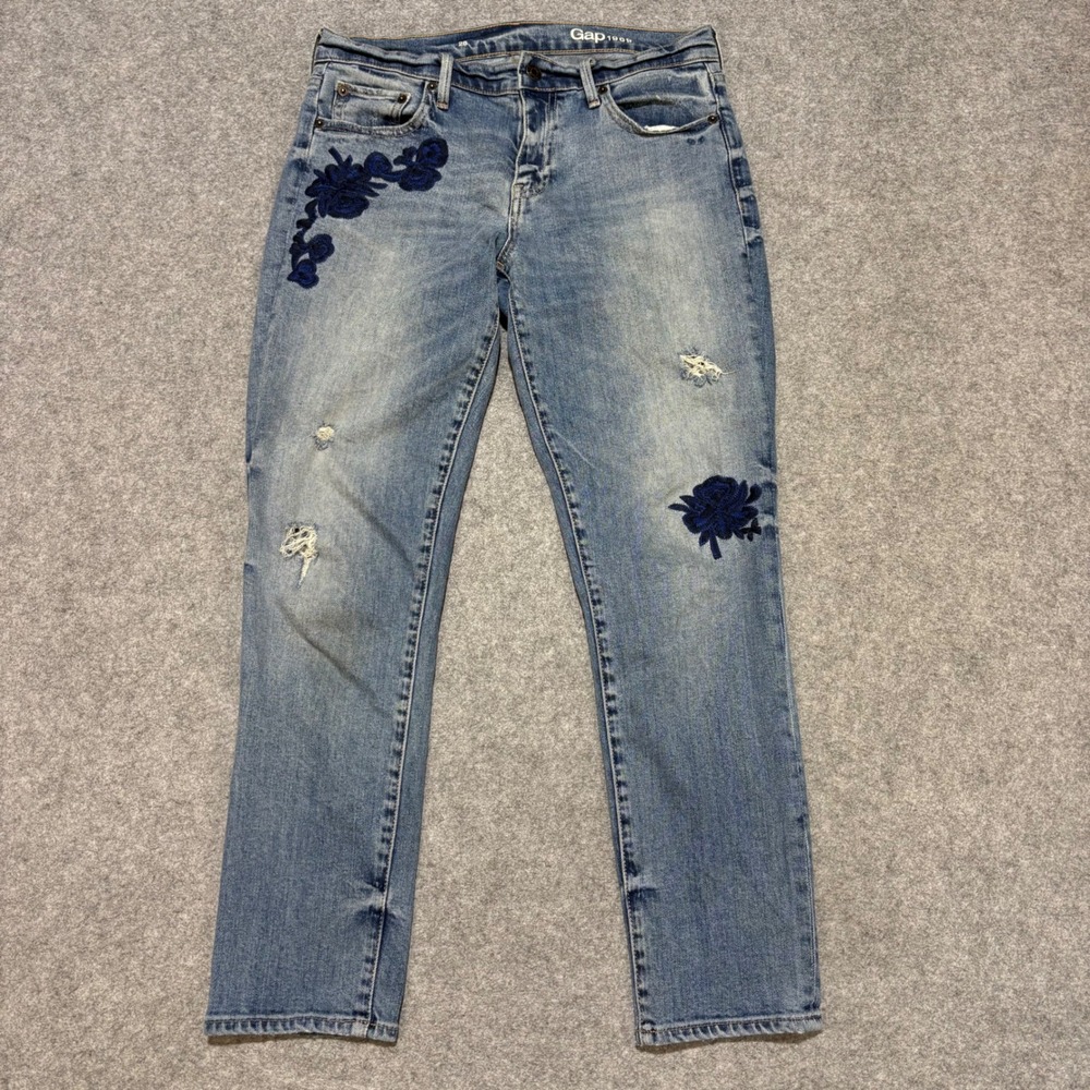 Gap 1969 Distressed Floral Embroidered Straight Leg Jeans Light Wash Blue 28